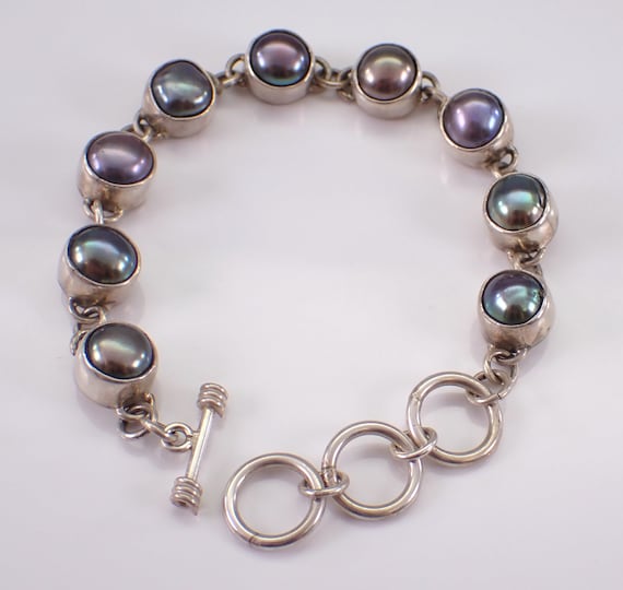 Vintage Sterling Silver Bracelet, Black Pearl Tennis Bracelet, Unique Adjustable Toggle Clasp Jewelry Gift