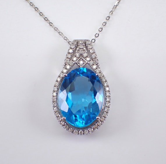 Large Blue Topaz and Diamond Necklace - 14K White Gold Gemstone Pendant Slide - December Birthstone Jewelry Gift