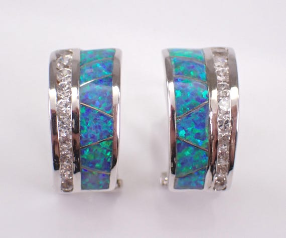 Vintage Sterling Silver Opal Inlay Hoop Earrings, Unique Cubic Zirconia Huggies with Omega Clasp