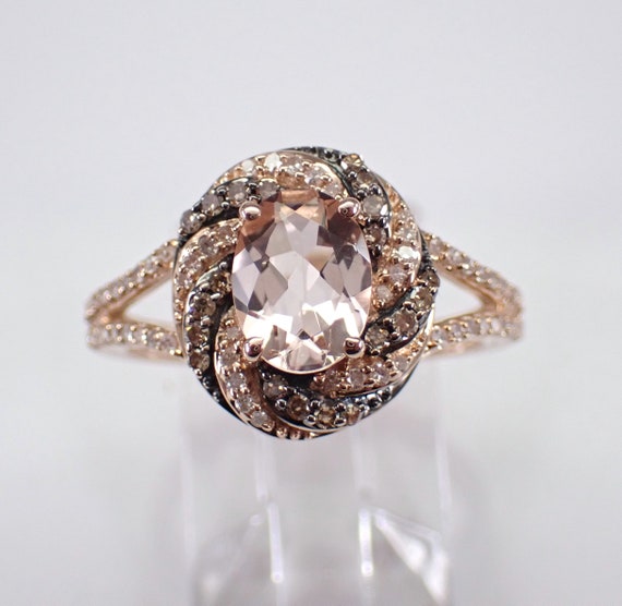 Morganite and Brown Diamond Ring - Rose Gold Bridal Halo Setting - Peach Gemstone Fine Jewelry Gift