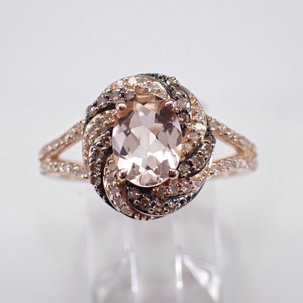 Morganite and Brown Diamond Ring - Rose Gold Bridal Halo Setting - Peach Gemstone Fine Jewelry Gift