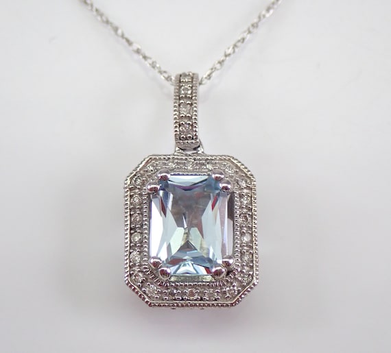 Emerald Cut Aquamarine and Diamond Halo Necklace 14K White Gold Pendant 18" Chain