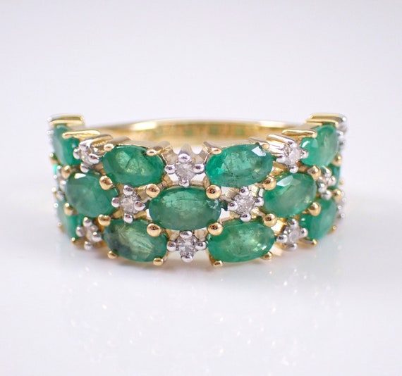 Emerald and Diamond Multi Row Wedding Ring - Yellow Gold Cluster Anniversary Band - May Birthstone Fine Jewelry Gift