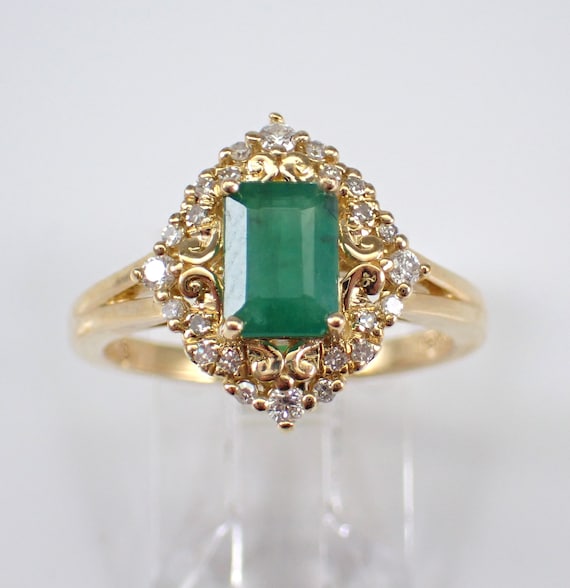 Emerald and Diamond Engagement Ring - Solid Yellow Gold Gemstone Ring - May Birthstone Fine Jewelry Gift