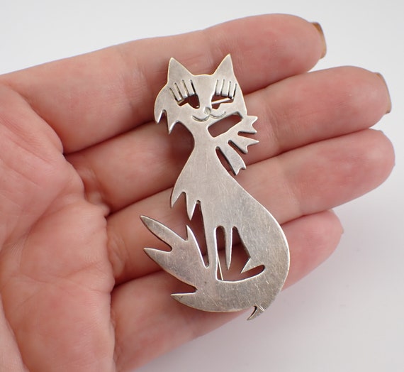 Antique Sterling Silver Cat Brooch Pin - Vintage Kitten Pet Artisan Jewelry