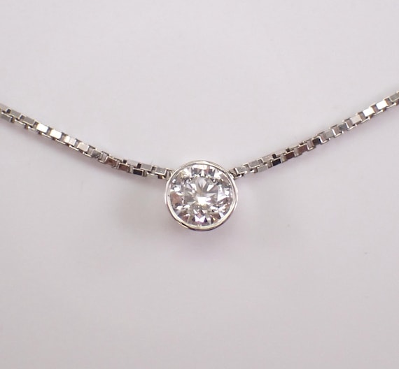 14K White Gold Diamond Solitaire Necklace: Bezel Set Station Choker Pendant and Chain