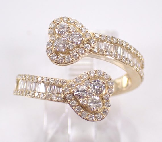 14K Yellow Gold Diamond Heart Bypass Ring: Unique Crossover Toi Et Moi Band