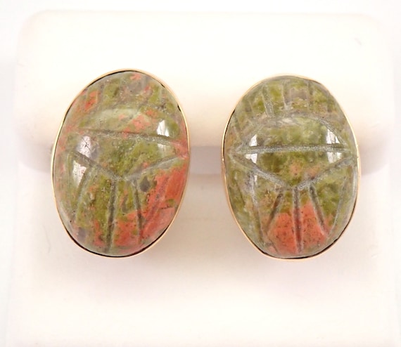 Vintage Unakite Scarab Earrings - 14K Yellow Gold Unique Stud Earrings - 70s Estate Bezel Set Setting