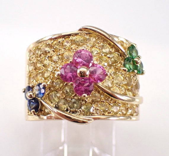 Vintage Multi Color Sapphire Ring - Solid 18K Yellow Gold Flower Cluster Band - Wide Floral Wedding Anniversary Jewelry Gift