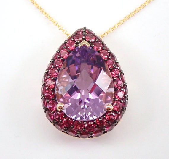 Amethyst and Garnet Teardrop Pendant, 14k Yellow Gold Gemstone Necklace, Pear Shape February Birthstone Jewelry