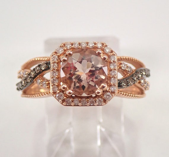 14K Rose Gold Morganite and Diamond Halo Engagement Ring Cognac Diamonds Size 7