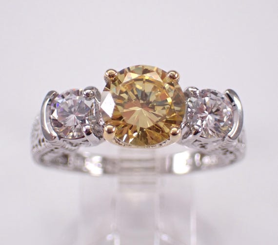 Vintage 14K White Gold Engagement Ring - Colorless and Canary Cubic Zirconia Setting - Engraved Three Stone Bridal Jewelry Gift