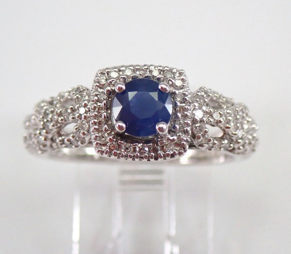 White Gold Diamond and Sapphire Halo Engagement Promise Ring Size 6.75 September Birthstone FREE Sizing