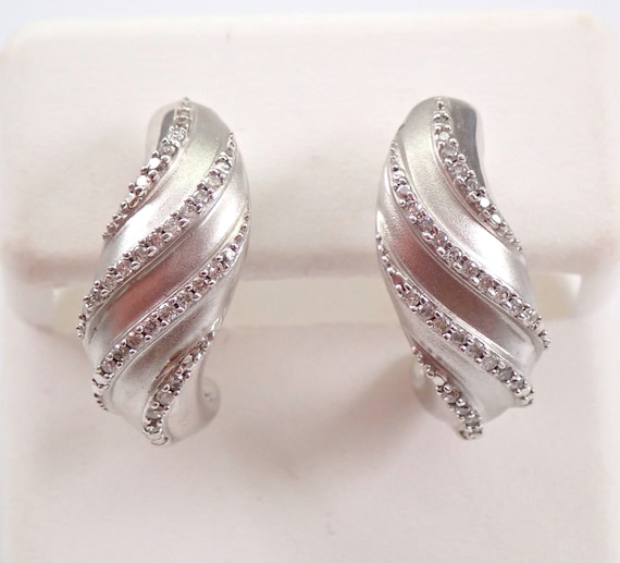 Genuine Diamond Half Hoop Earrings - White Gold Real Diamond Hoops - Unique Fine Jewelry for Women