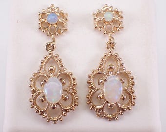 Antique 14K Yellow Gold Opal Earrings - Vintage Gemstone Filigree Dangles - October Birthstone Fine Jewelry Gift