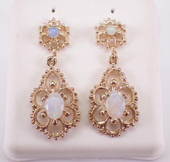 Antique 14K Yellow Gold Opal Earrings - Vintage Gemstone Filigree Dangles - October Birthstone Fine Jewelry Gift