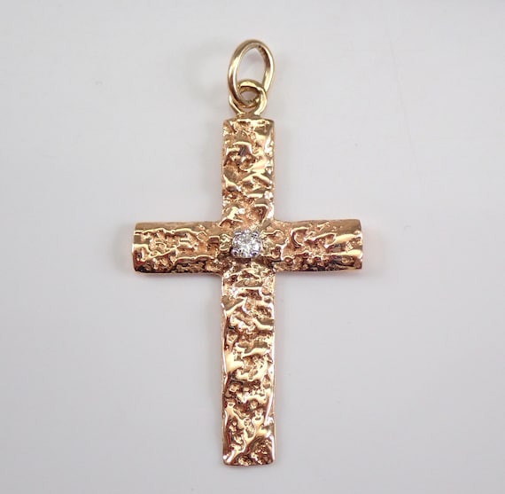 Vintage 14K Yellow Gold Diamond Cross Pendant - Religious Estate Nugget Charm Jewelry Gift for Necklace or Bracelet