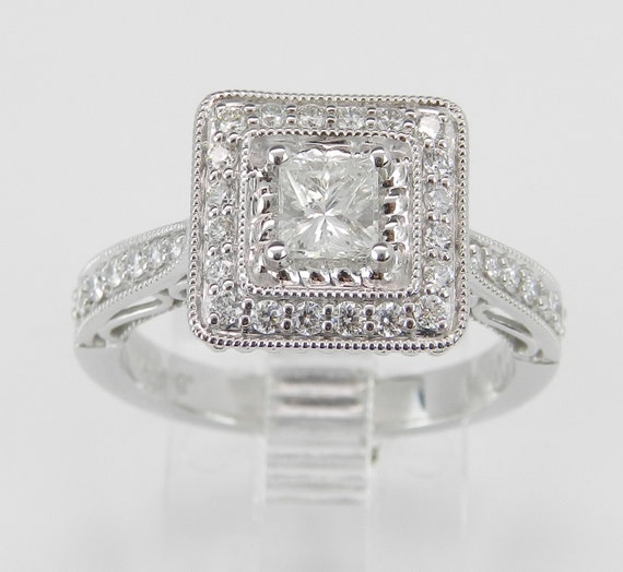 Princess Cut Engagement Ring, Square Diamond Halo Setting, 14K White Gold Bridal Jewelry