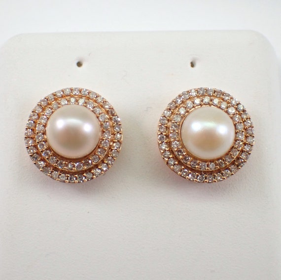 Pearl and Diamond Halo Stud Earrings - 14K Rose Gold Fine Jewelry Gift - June Birthstone Gemstone Studs