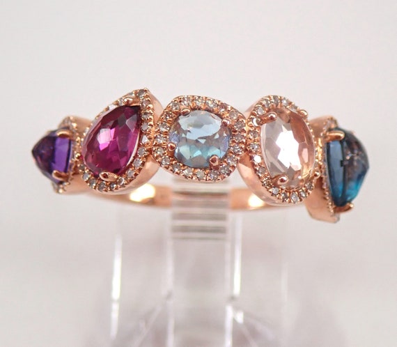 Multi Color Gemstone and Diamond Ring - Rose Gold Halo Stacking Setting - Blue Topaz Rhodolite Garnet Morganite Amethyst Jewelry