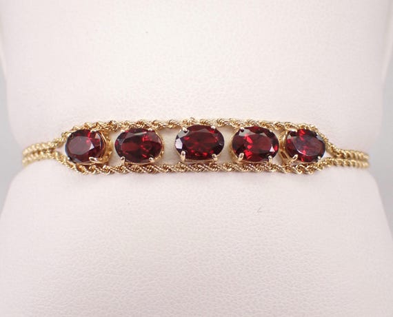 Vintage 14K Yellow Gold Garnet Bracelet - Rope Chain Double Strand Layering Link - Everyday Estate Jewelry Gift