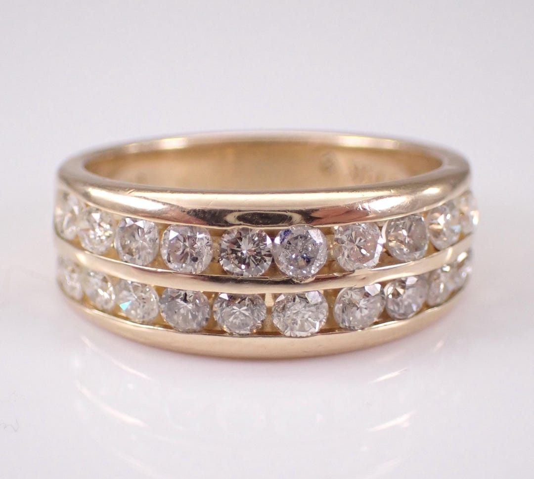 14K Yellow Gold Diamond Wedding Ring - Multi Row Stackable Anniversary ...