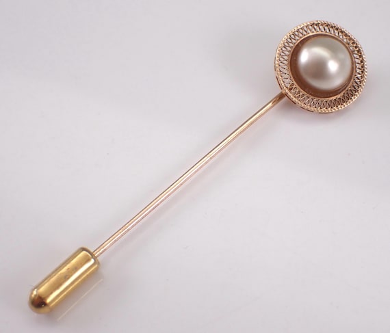 Art Deco 14K Yellow Gold Pearl Stick Pin: Antique Filigree Halo Brooch