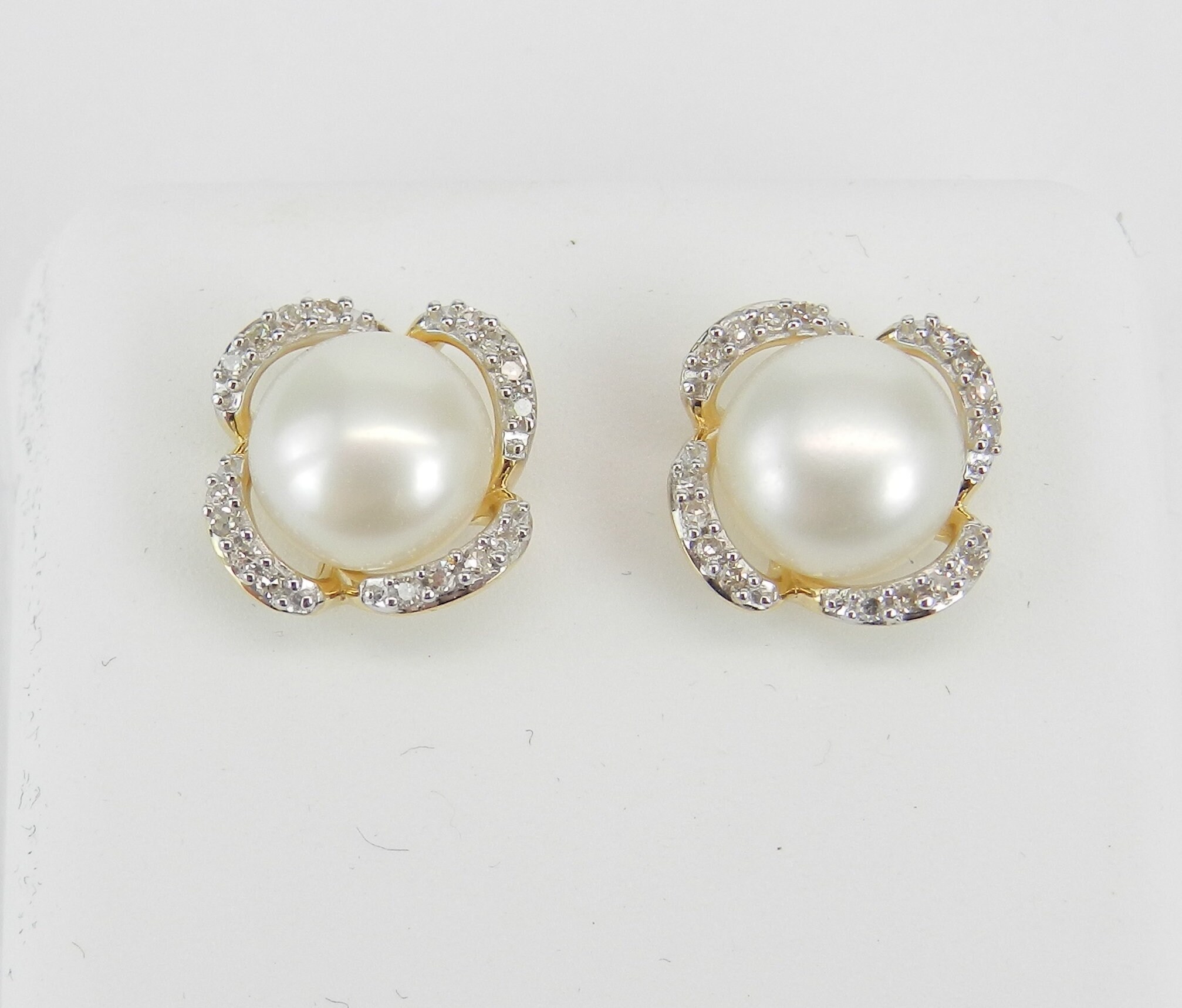Pearl and Diamond Halo Stud Earrings 14K Yellow Gold June Birthstone Wedding Studs