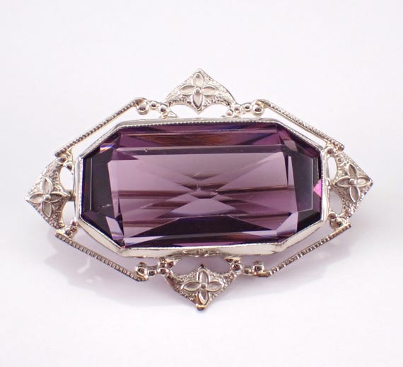 Antique White Gold Amethyst Brooch - Vintage Emerald Cut Purple Gemstone Pin - Unique Filigree Art Deco Jewelry Gift