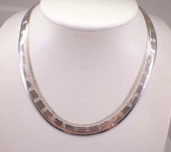 Vintage Sterling Silver Herringbone Chain - Chunky Estate Choker Necklace - Unique Omega Style Jewelry Gift