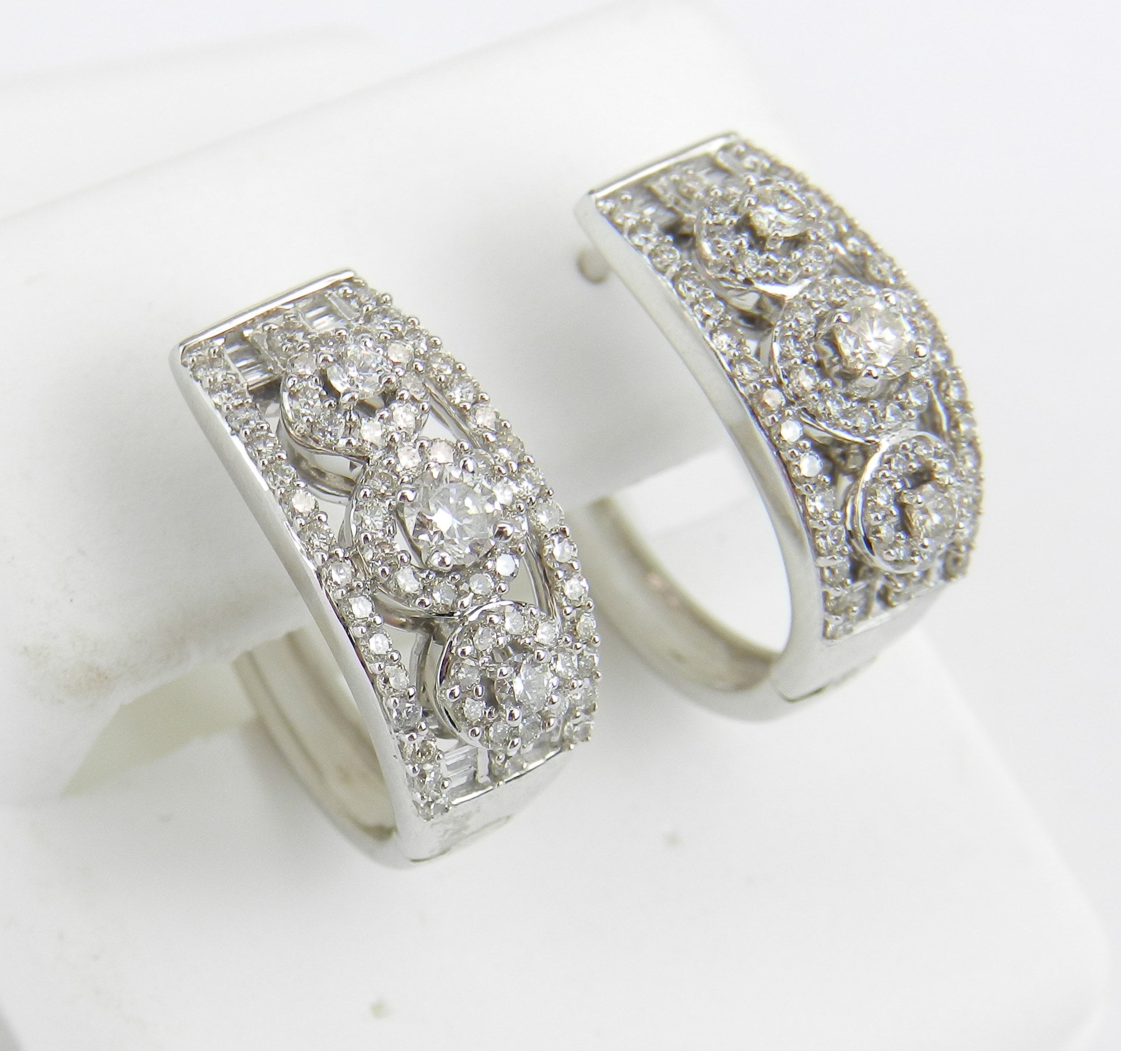 14K White Gold 1.00 ct Diamond Hoop Earrings Cluster Hoops Halo Huggies Gift Modern Design