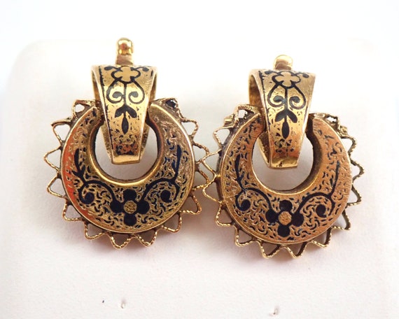 Edwardian Black Enamel Earrings - Solid 14K Yellow Gold Antique Jewelry - Unique Victorian Gift for Women