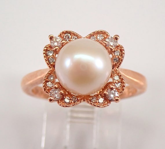 Pearl and Diamond Ring, Rose Gold Snowflake Halo Setting, June Birthstone Jewelry Gift