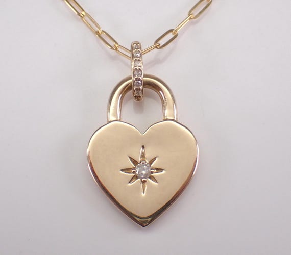 Diamond Heart Charm Pendant and Chain: Yellow Gold Paperclip Padlock Necklace
