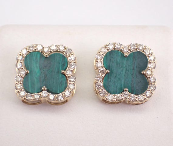 14K Yellow Gold Malachite and Diamond Earrings: Clover Shamrock Halo Studs