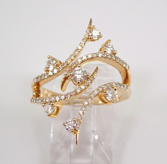14K Yellow Gold Diamond Anniversary Ring, Unique Right Hand Jewelry Wedding Gift, Crossover Branch Twig Design