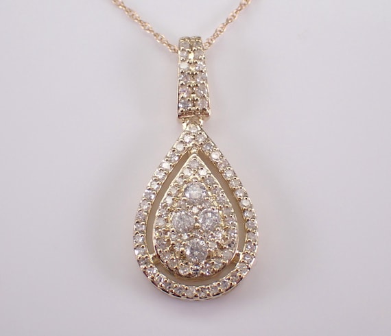 Yellow Gold Diamond Teardrop Pendant - Cluster Dangle  Charm Necklace - Bridal Jewelry Choker Chain