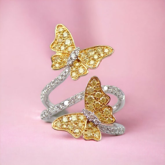 Canary Yellow Diamond Butterfly Ring, 18K Gold Crossover Unique Fine Jewelry