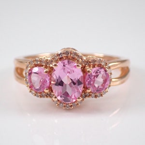 14K Rose Gold Pink Topaz Ring Three Stone Diamond Halo Anniversary Band Unique Bridal Wedding Gift image 4