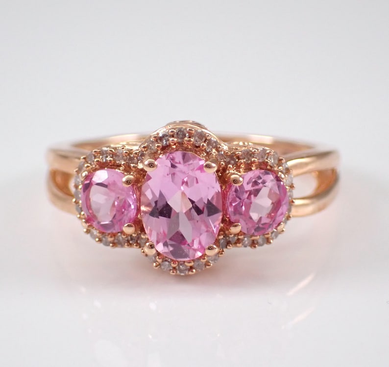 14K Rose Gold Pink Topaz Ring Three Stone Diamond Halo Anniversary Band Unique Bridal Wedding Gift image 4