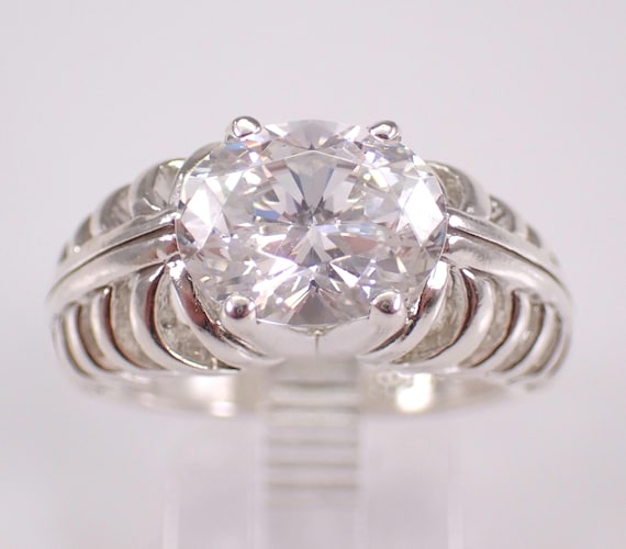 Sterling Silver Cubic Zirconia Engagement Ring, Oval Solitaire Promise CZ Band - Vintage Estate Bridal Jewelry Gift