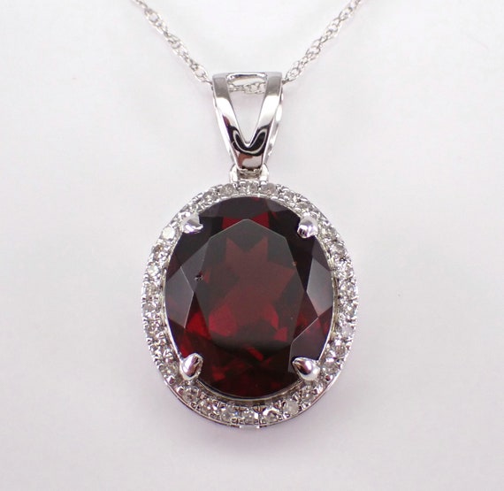 Garnet and Diamond Halo Pendant and Chain - White Gold Large Gemstone Charm Necklace - January Birthstone Fine Jewelry Gift