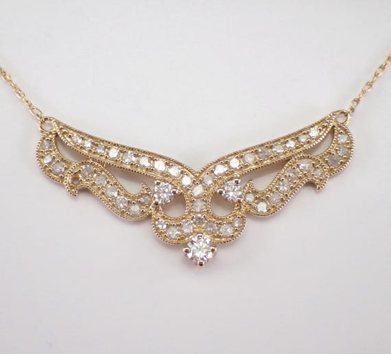 14K Yellow Gold Diamond V Necklace - Unique Station Pendant Chain - GalaxyGems Fine Jewelry Choker Gift