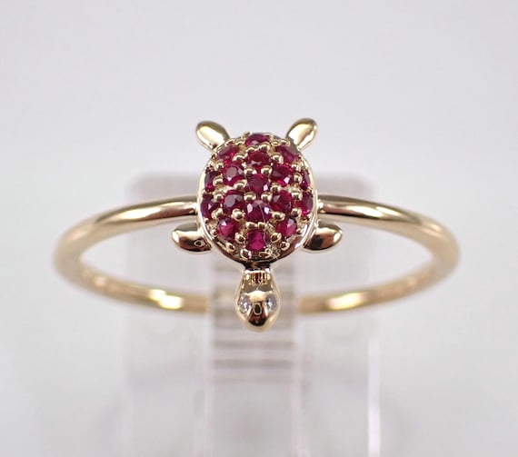 Yellow Gold Ruby Turtle Ring - Tortoise Gemstone Cluster Band - Unique Dainty Animal Jewelry