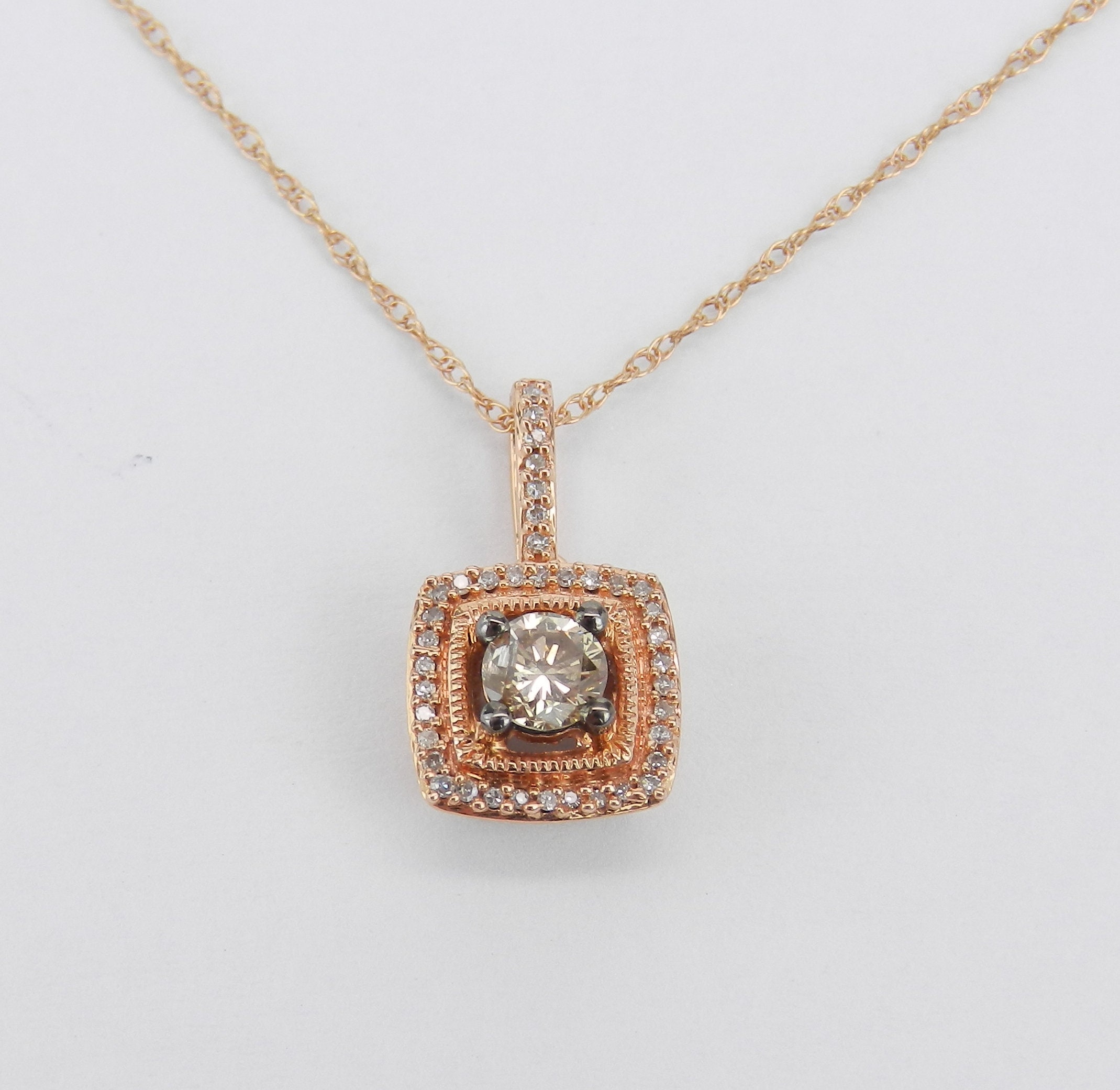 Cognac and White Diamond Halo Pendant Solitaire Necklace Rose Gold 18 Chain