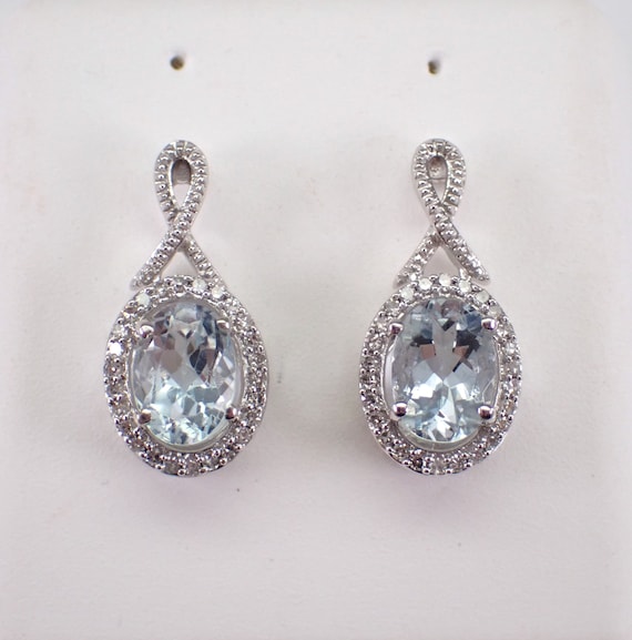Aquamarine and Diamond Earrings - White Gold Dangle Drop Halo Stud - March Aqua Birthstone Fine Jewelry Gift