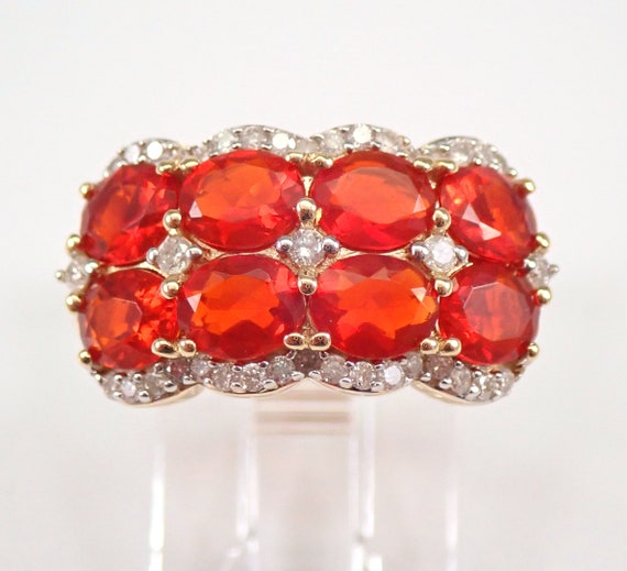 14K Yellow Gold Fire Opal Cluster Ring - Multi Row Wedding Anniversary Band - Unique Gemstone Jewelry Gift