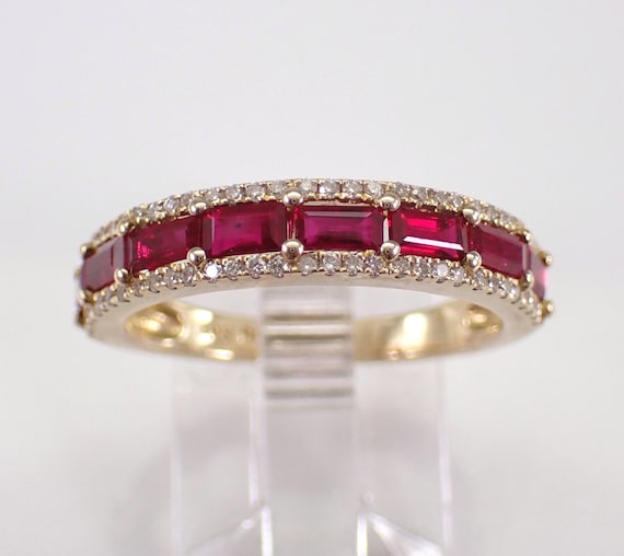 Baguette Ruby and Diamond Wedding Ring - Yellow Gold Gemstone Anniversary Band - July Birthstone Fine Jewelry Gift