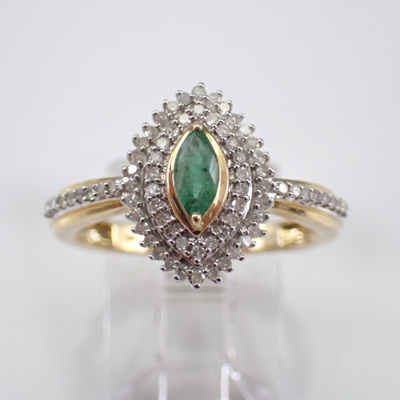 Emerald and Diamond Promise Ring - Solid Yellow Gold Gemstone Jewelry - Double Halo Dainty Engagement Setting
