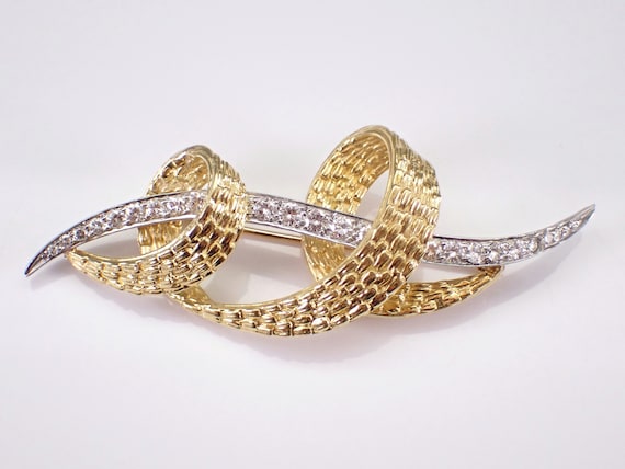 Antique Platinum and 18K Gold Diamond Brooch - 60s Large Vintage Fine Jewelry Gift